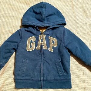 Kids Gap Logo Fleece-lined Zip-Up Hoodie Sweatshirt in blue and camel size 2T